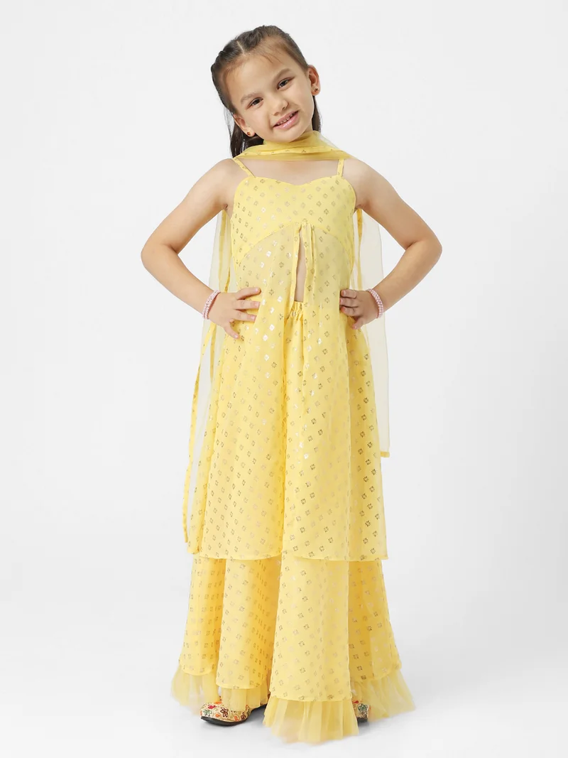 Nautinati Girls' Georgette Blend Ready-to-wear All-over Gold Toned Foil Print Lehenga & Blouse with Net Dupatta